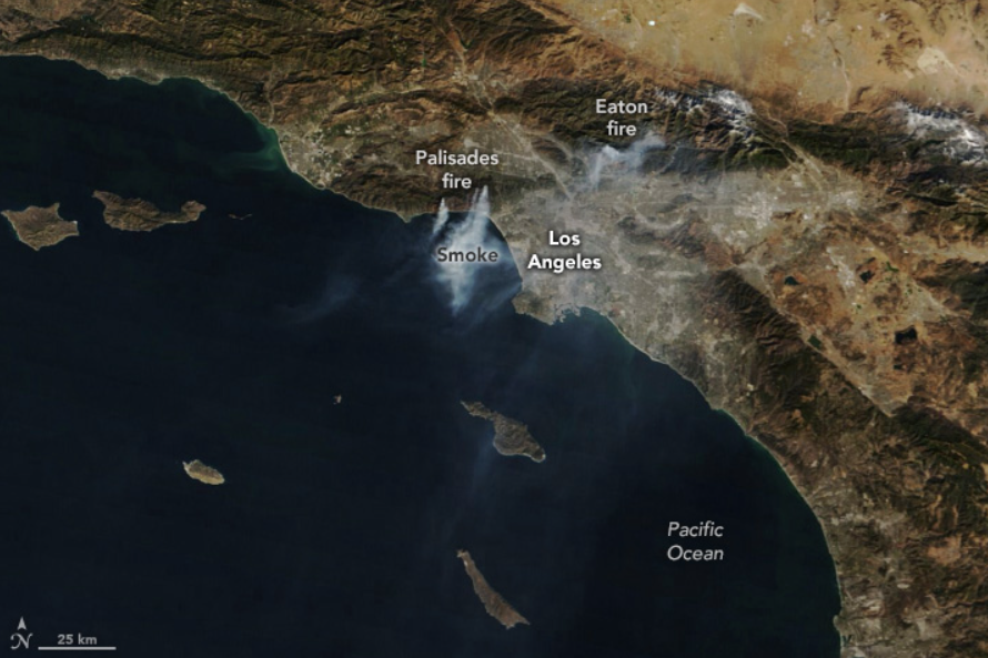 Aerial view of California wildfires in 2023 burning in Palisades" or "Smoke and flames from California wildfires in 2023